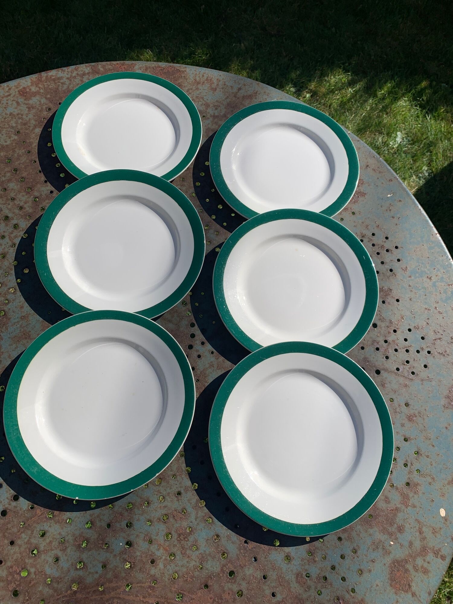 6 flat antique earthenware plates with dark green edging Digoin sarreguemines old france