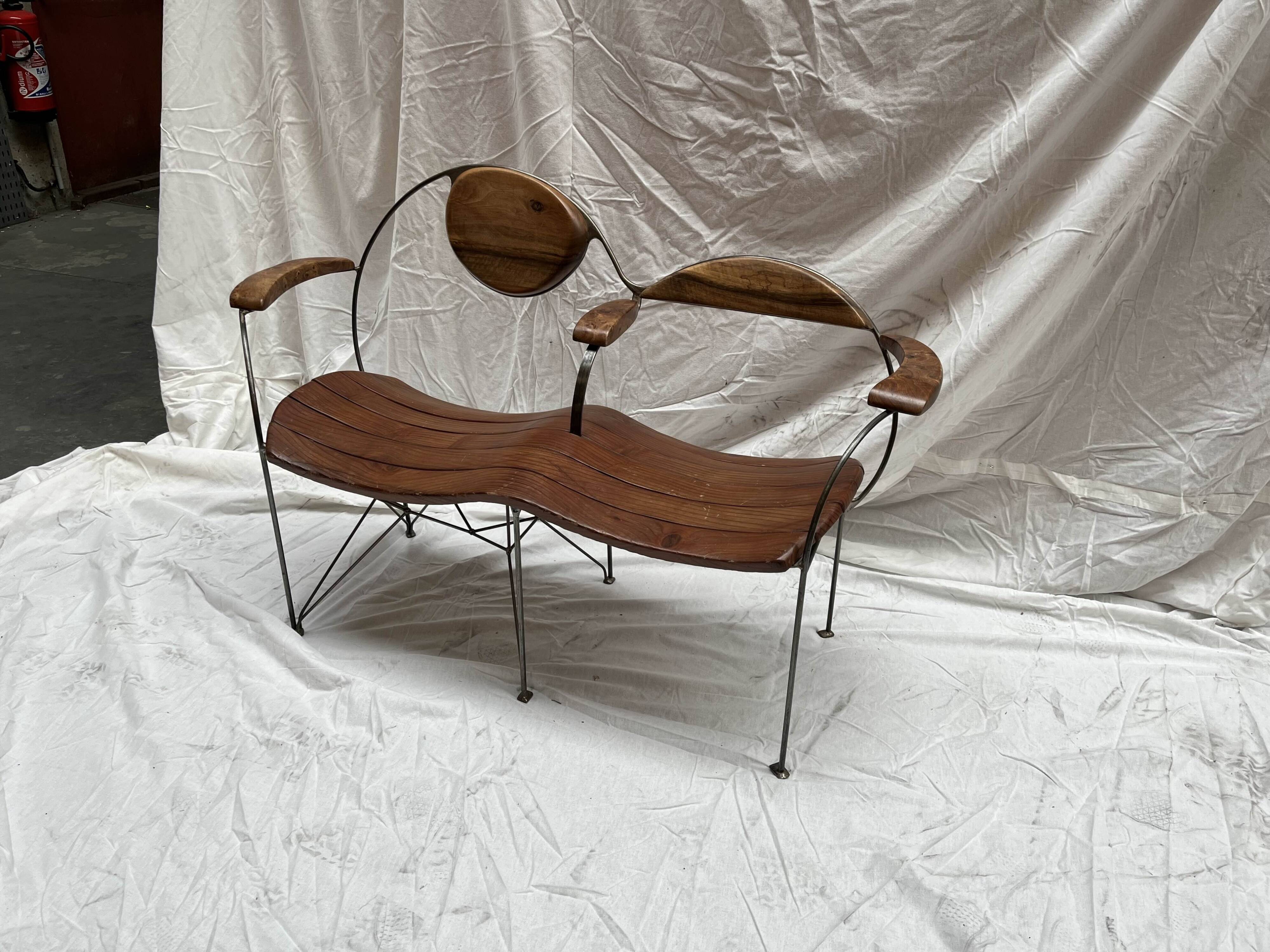Contemporary double bench in wood and metal by Francis Veillerot (2004)