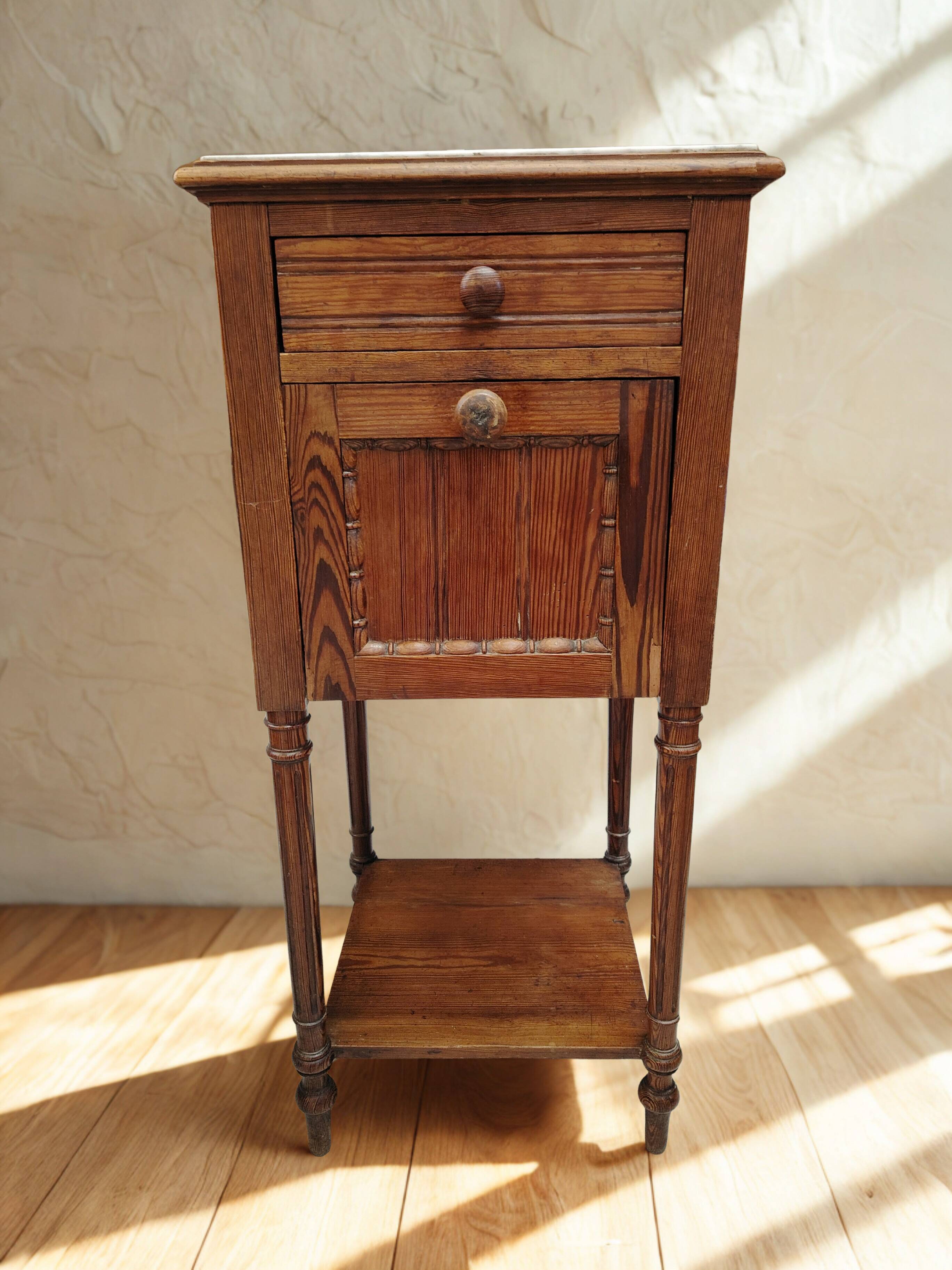 Antique bedside table in solid wood and marble – 19th century