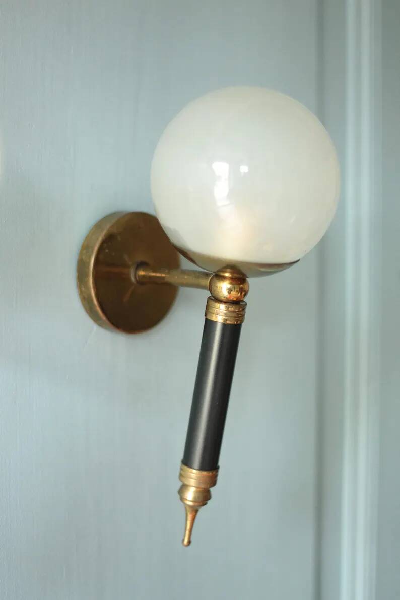 Pair of vintage wall sconces, brass sconce and opaque glass globe, vintage lamp, wall lamp, 50s.