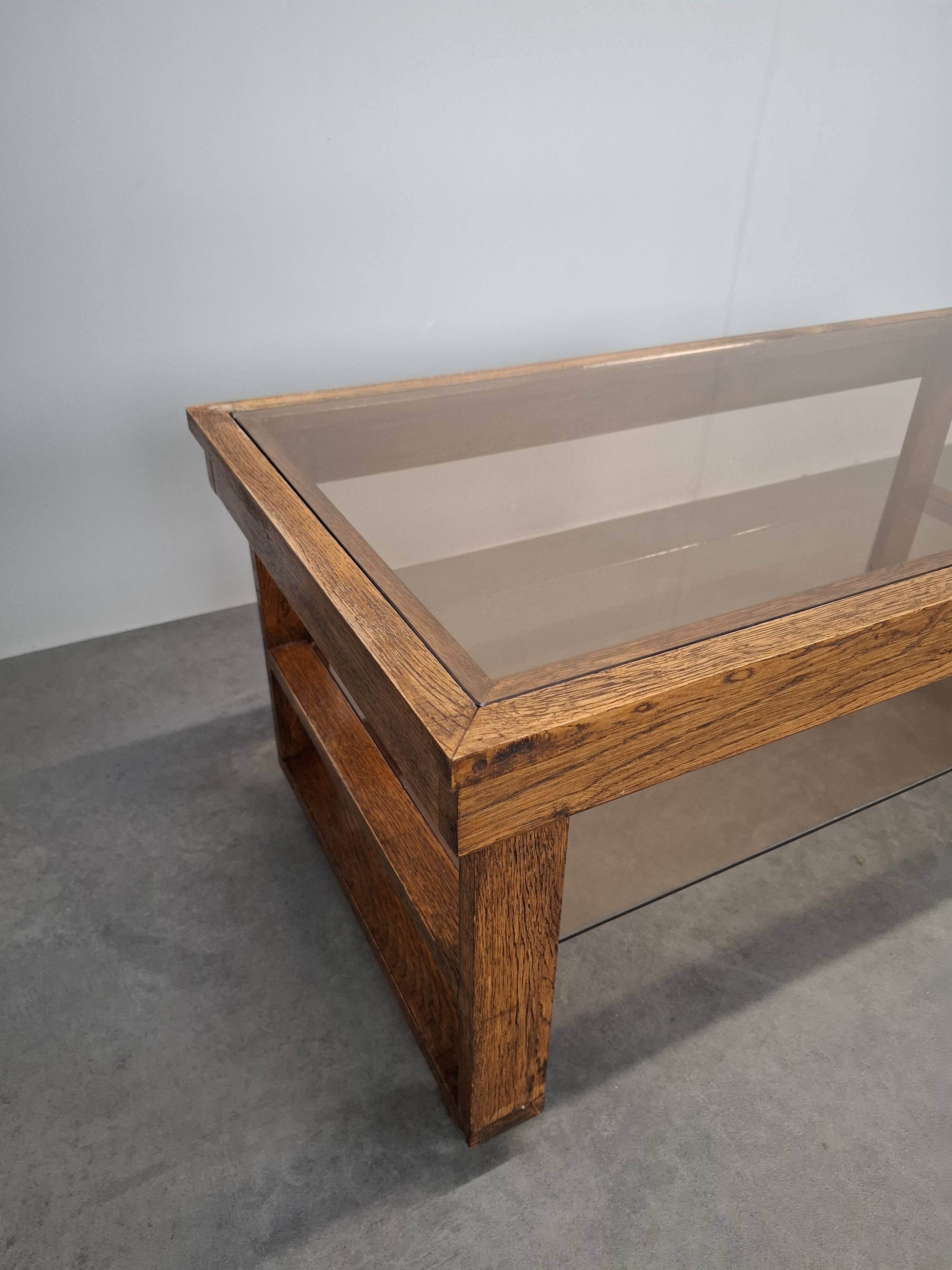 Mid-Century Smoked Glass and Wood Coffee Table on Wheels, Czechoslovakia