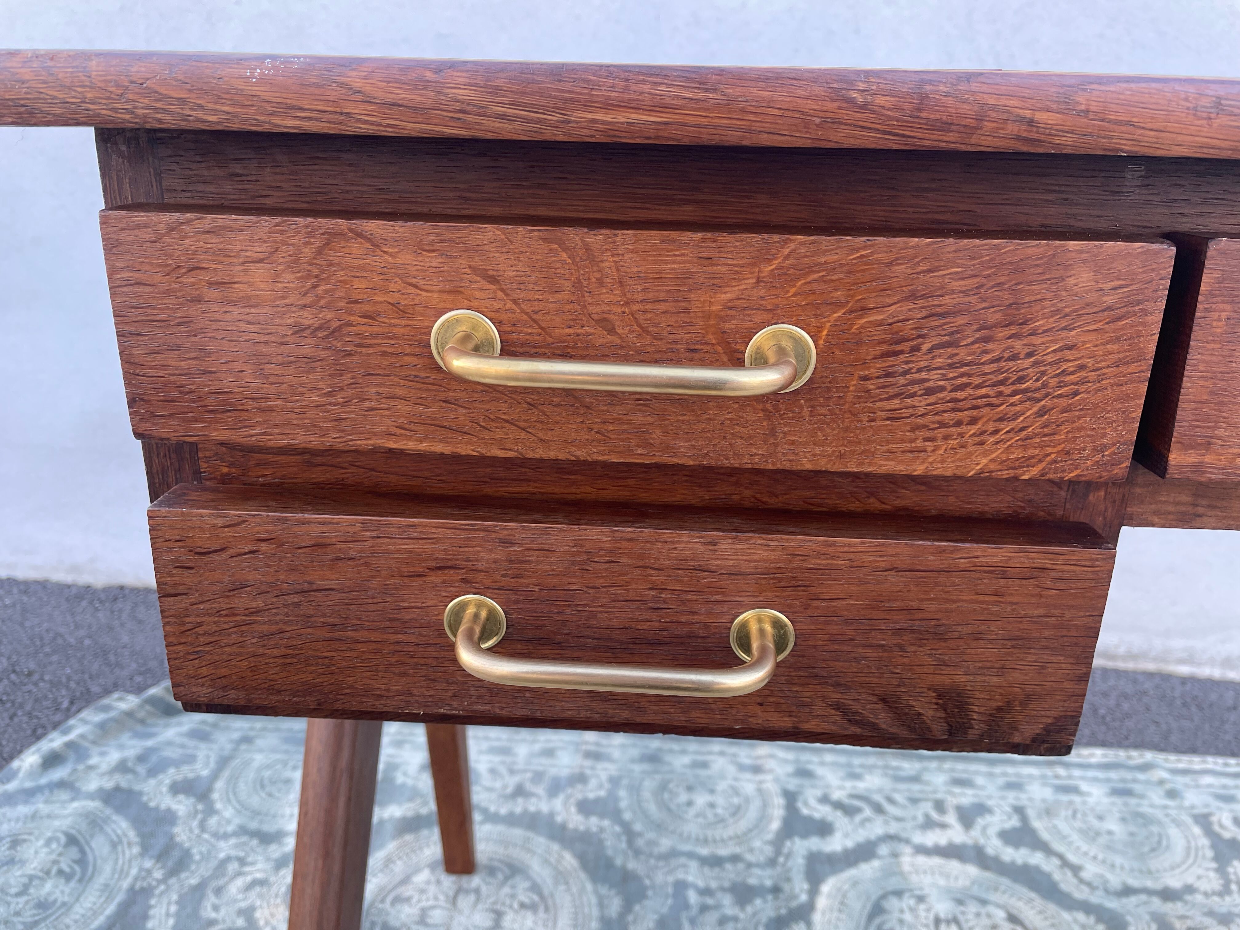 Modernist wooden desk with compass feet 1950
