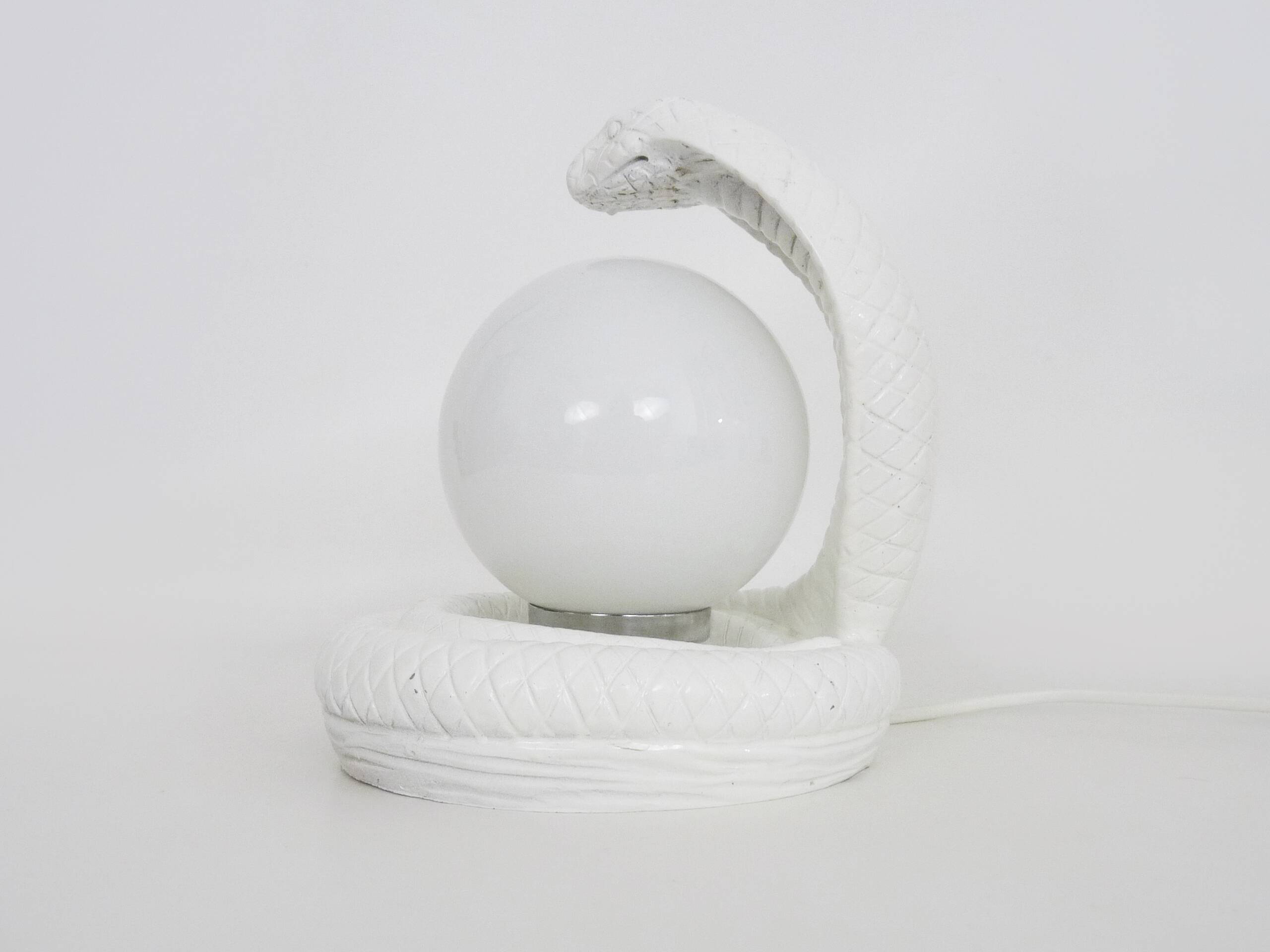 Vintage White Cobra Snake Lamp in Ceramic and opaline globe. 80 years
