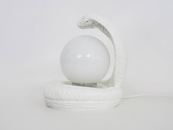 Lampe Serpent cobra Blanche Vintage en Céramique et globe opaline. Années 80