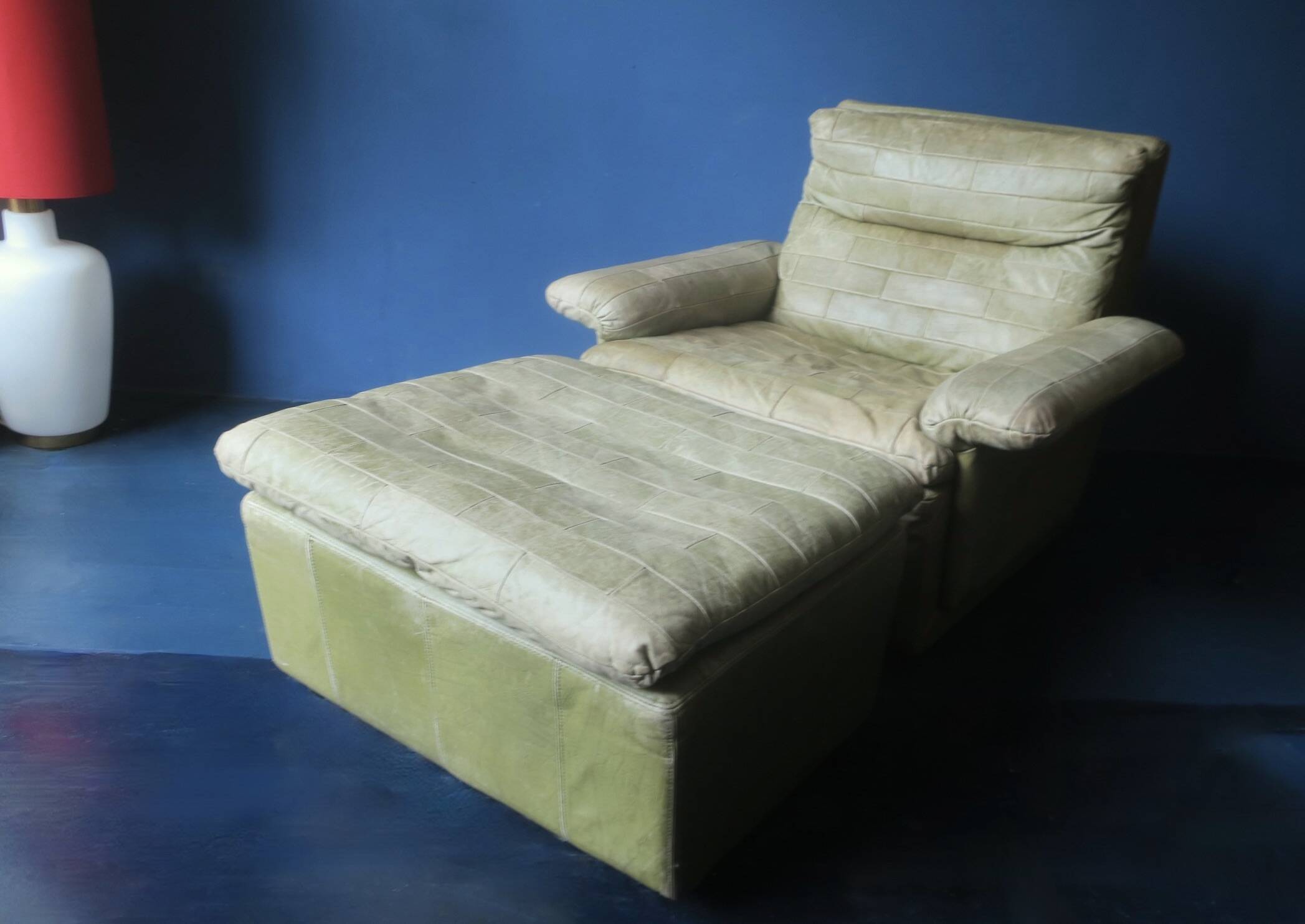 Patchwork leather olive green lounge chair and ottoman by Laauser, 1970s