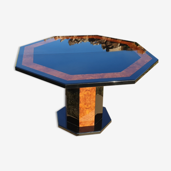 Octagonal table paul michel lacquered black and elm magnifying glass