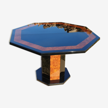 Table octogonale paul michel laquée noire et loupe d'orme