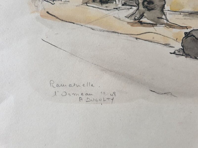 André Duculty (1912-1990) Watercolor on paper "Place de l'ormeau à Ramatuelle" Signed below