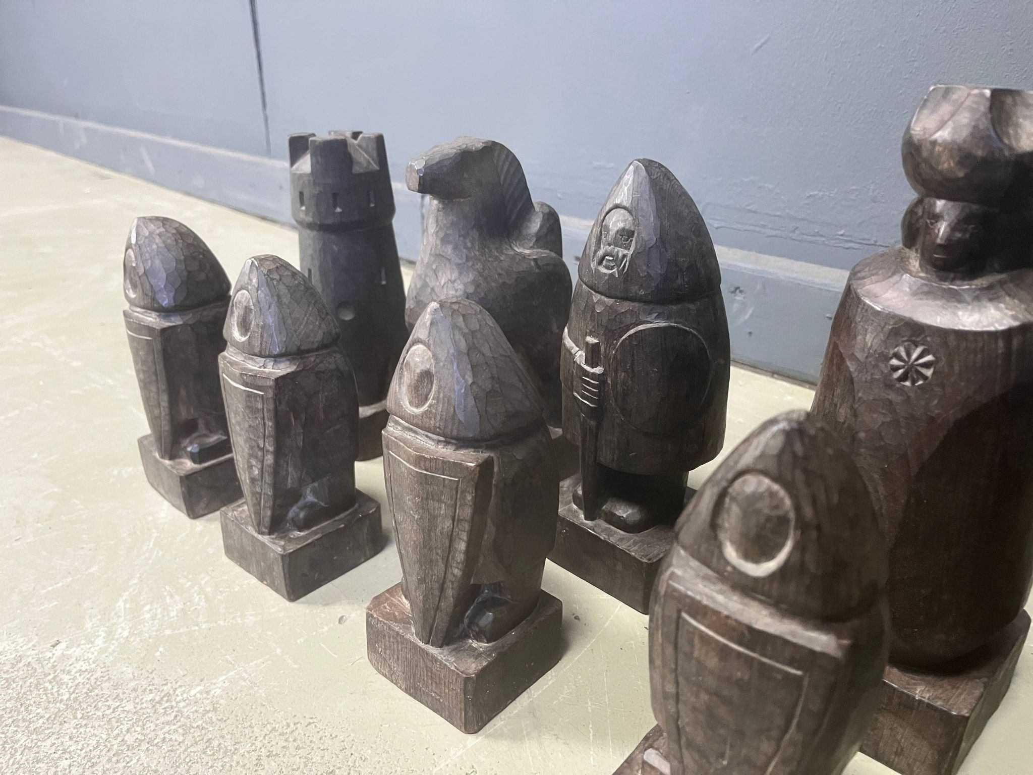 Large hand crafted wooden chess figure set, 1960s