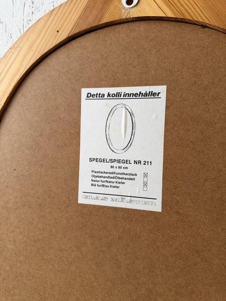 Oval pine mirror Glasmaster Markaryd Sweden 1970s