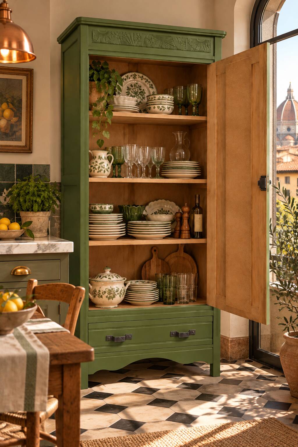 Renovated Art Deco Parisian wardrobe in khaki with original mirror.