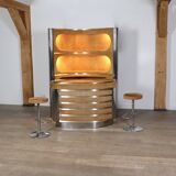 Suede and chrome dry bar with barstools in cognac, italy 1970s
