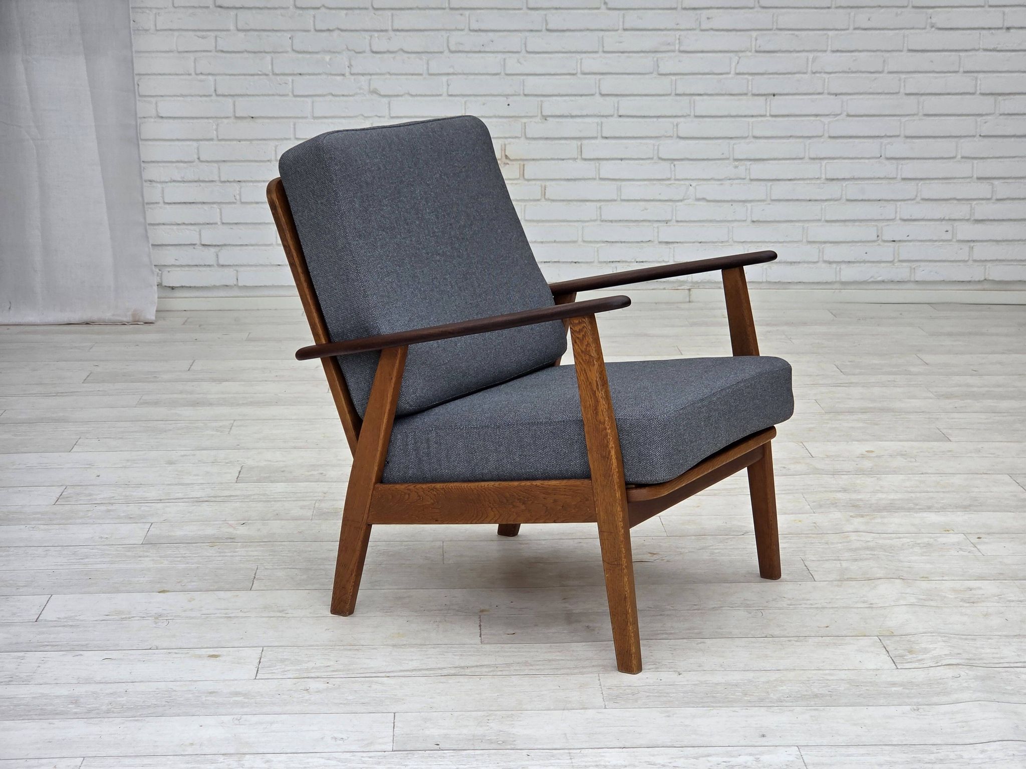 1970s, pair of Danish armchairs, reupholstered, furniture wool, teak, oak.