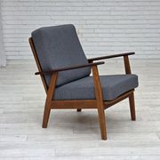1970s, pair of Danish armchairs, reupholstered, furniture wool, teak, oak.