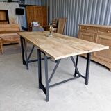 Table industrielle pieds acier bois massif