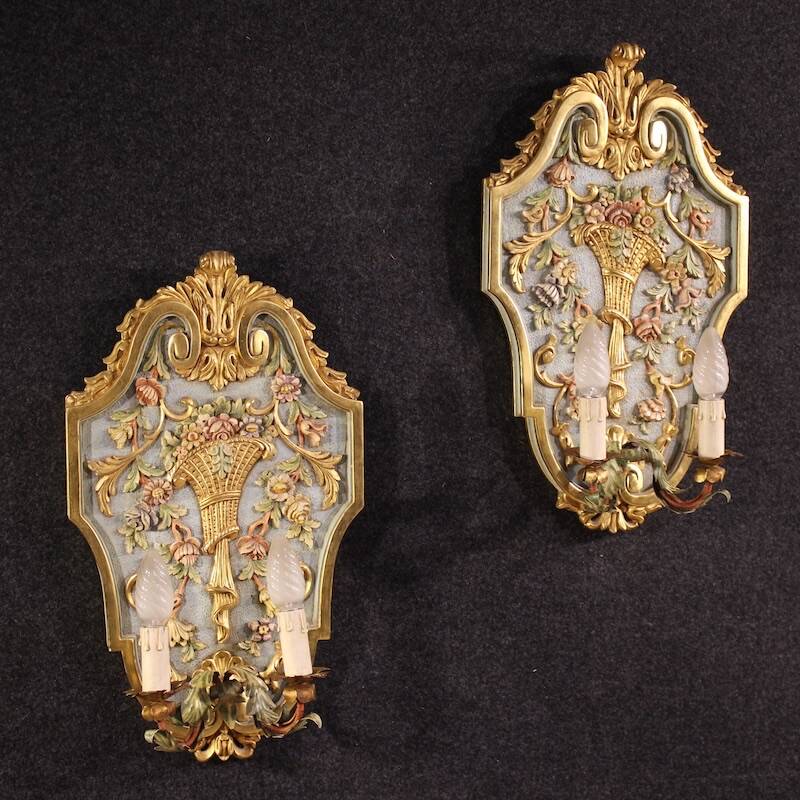 Pair of lacquered and gilded Italian Louis XVI style wall lamps