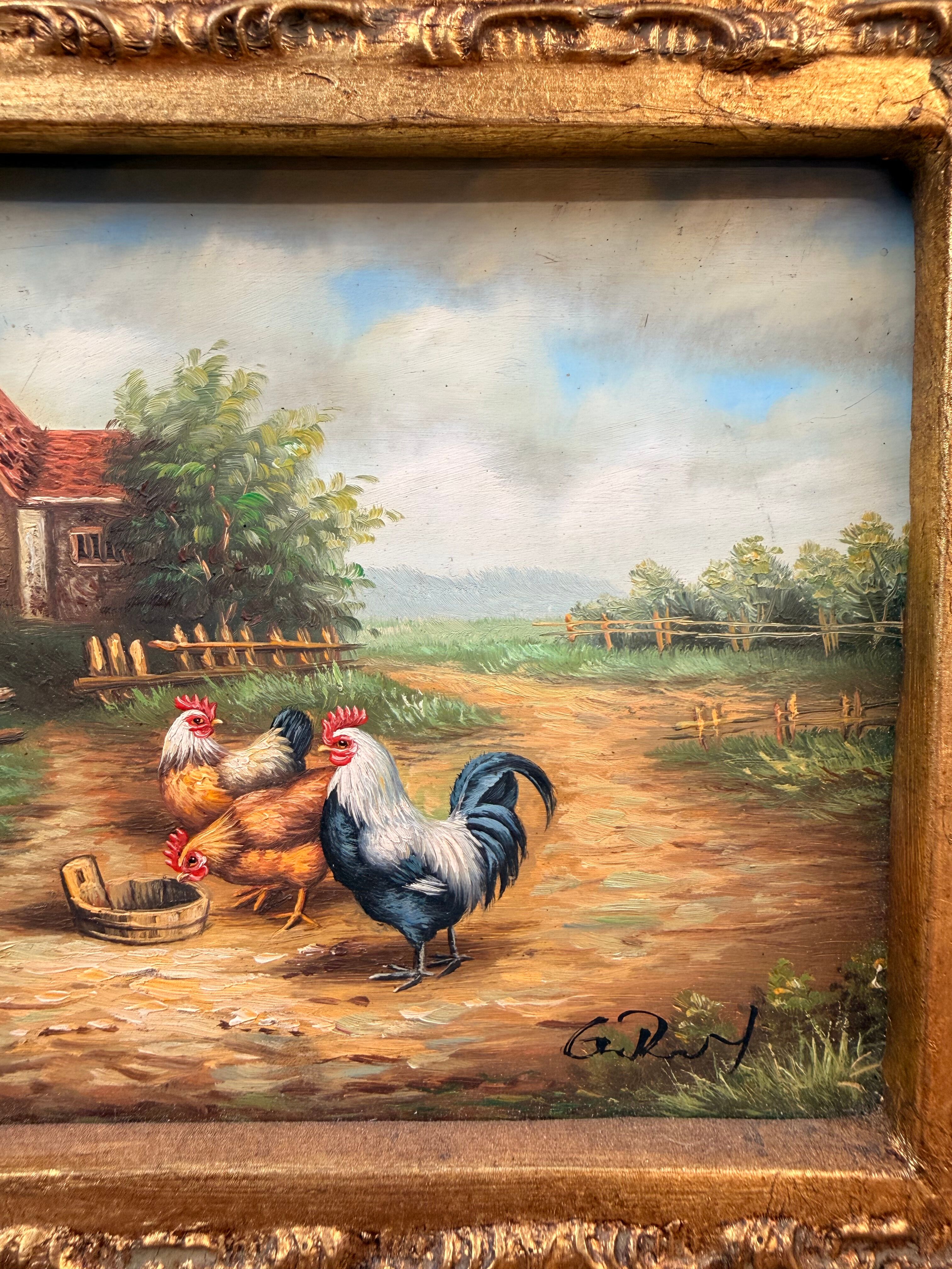 Oil on Panel Signed – Courtyard Scene with Roosters and Hens