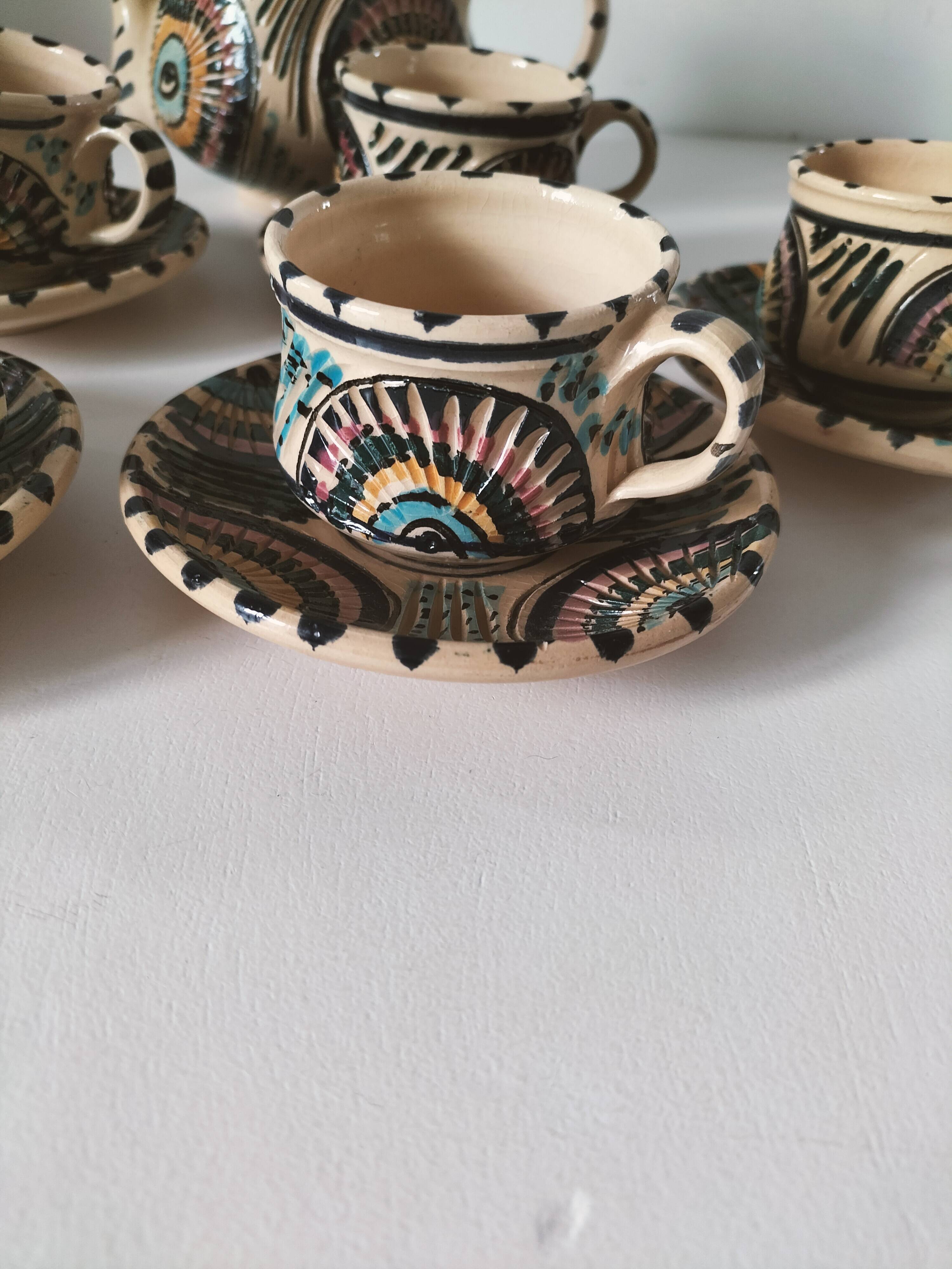 Vintage Moroccan tea set, teapot and 6 cups and saucers