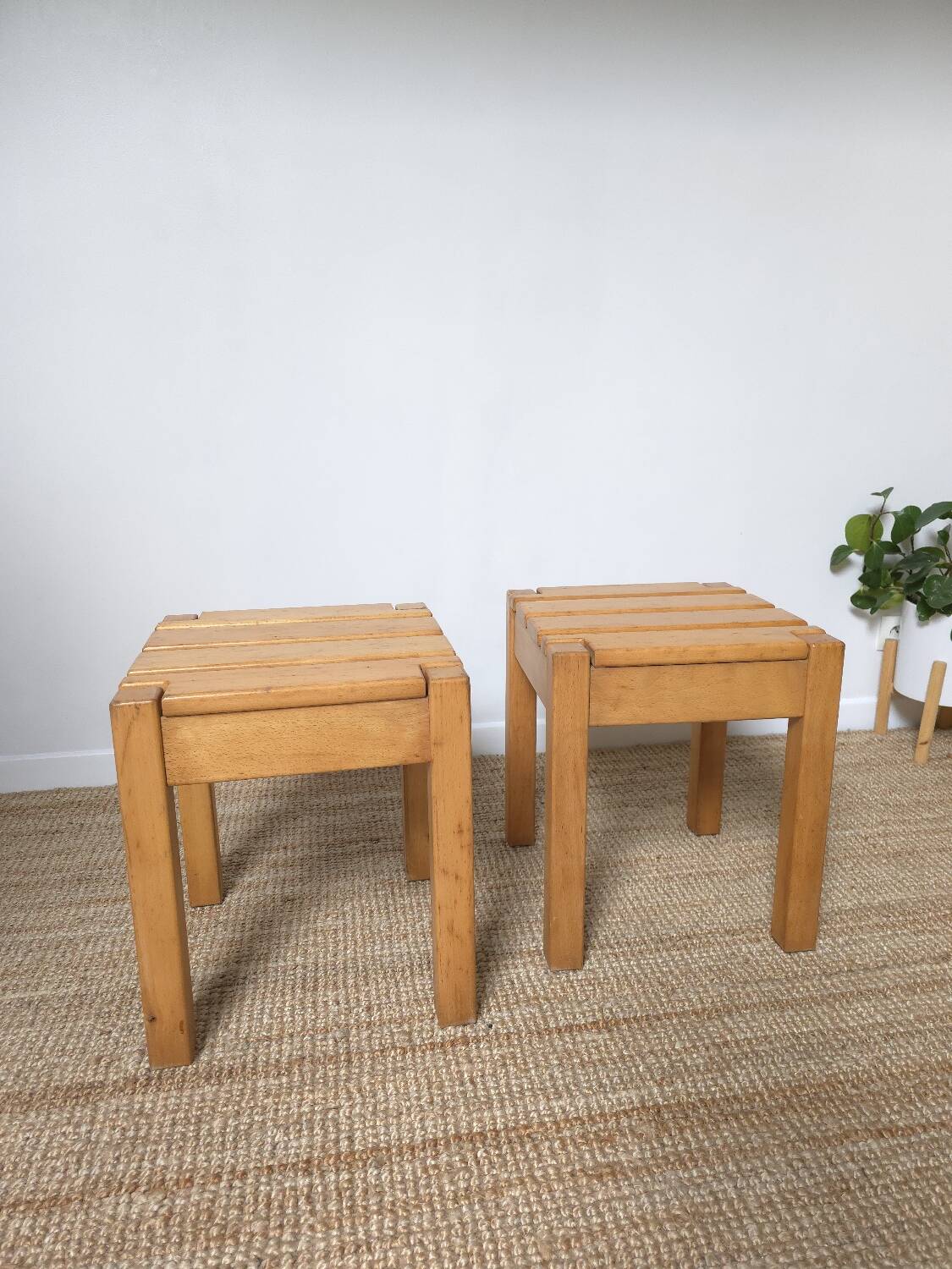 2 solid beech wood stools 1980