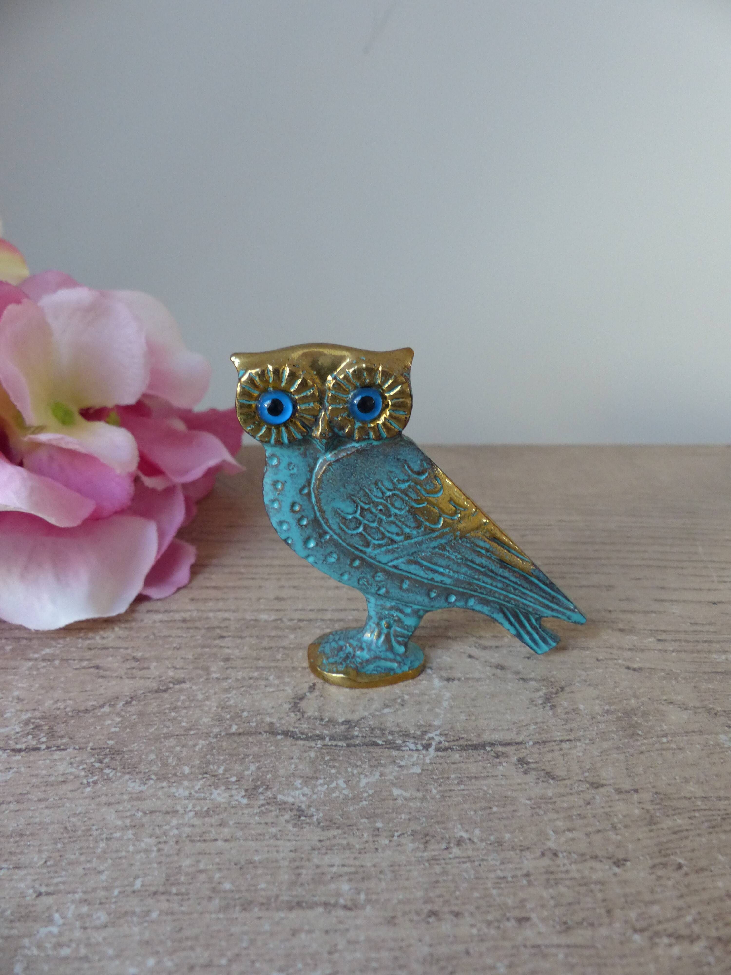 Miniature brass owl figurine with blue eyes, small owl vintage Greek art sculpture