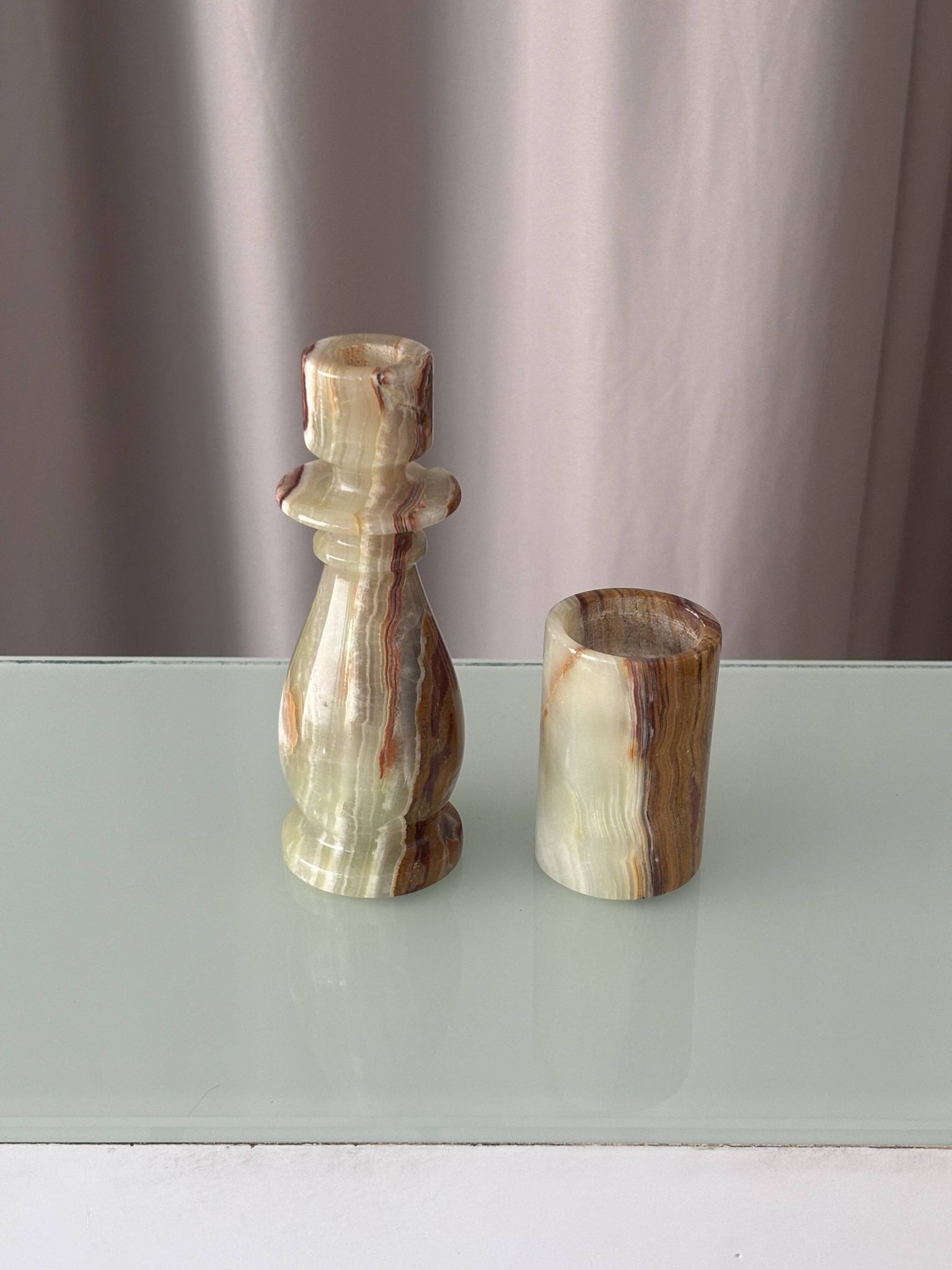 Vintage Hand-Carved Green Onyx Candlestick & Tea Light Holder Set