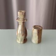 Vintage Hand-Carved Green Onyx Candlestick & Tea Light Holder Set
