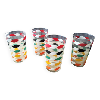4 Vintage water or orangeade glasses. Screen-printed decoration