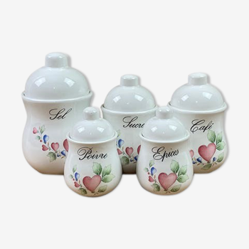Series of 5 white ceramic spice pots