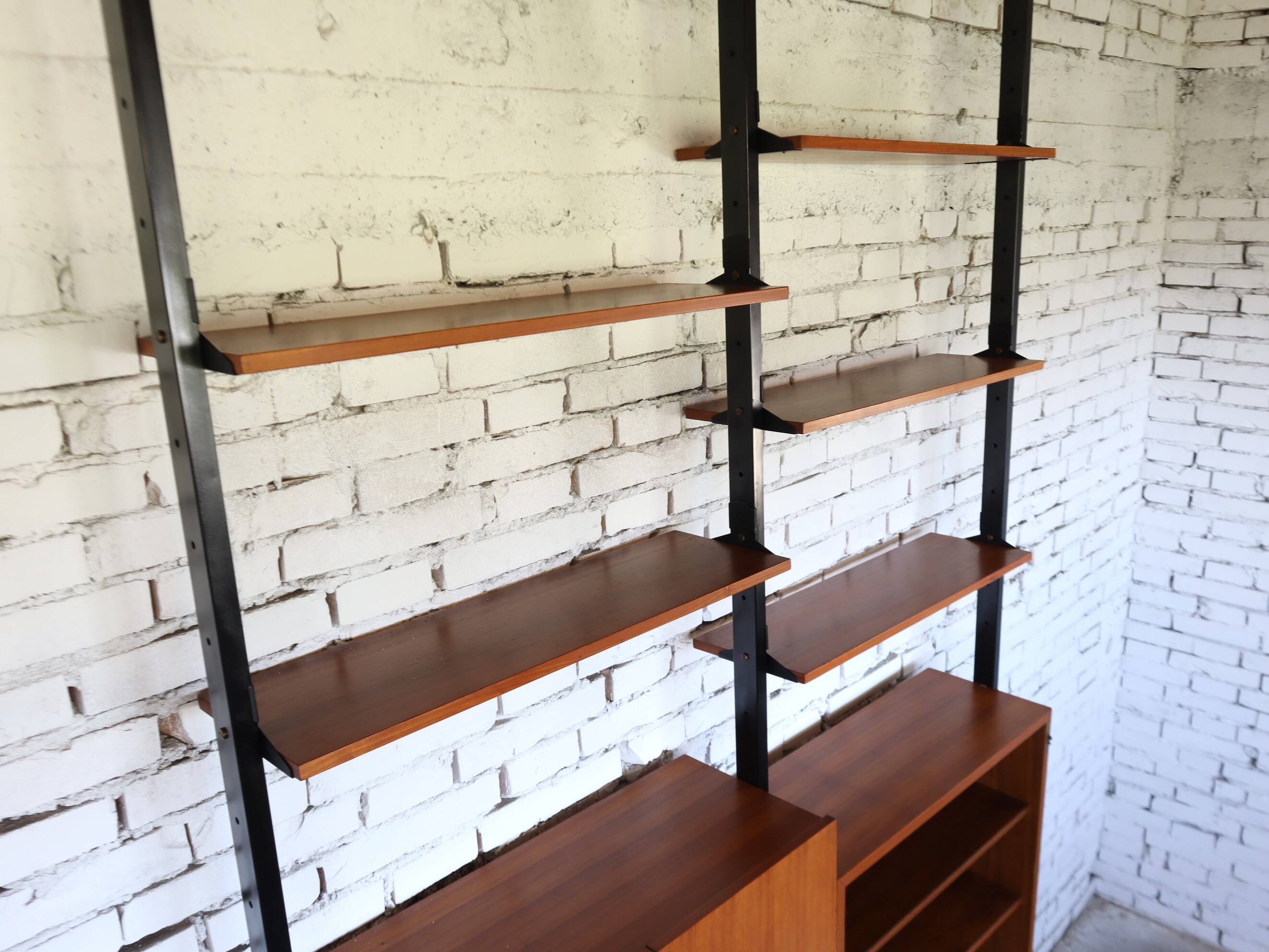 1950s mid-century wall unit teak and iron folding desk & cabinet module