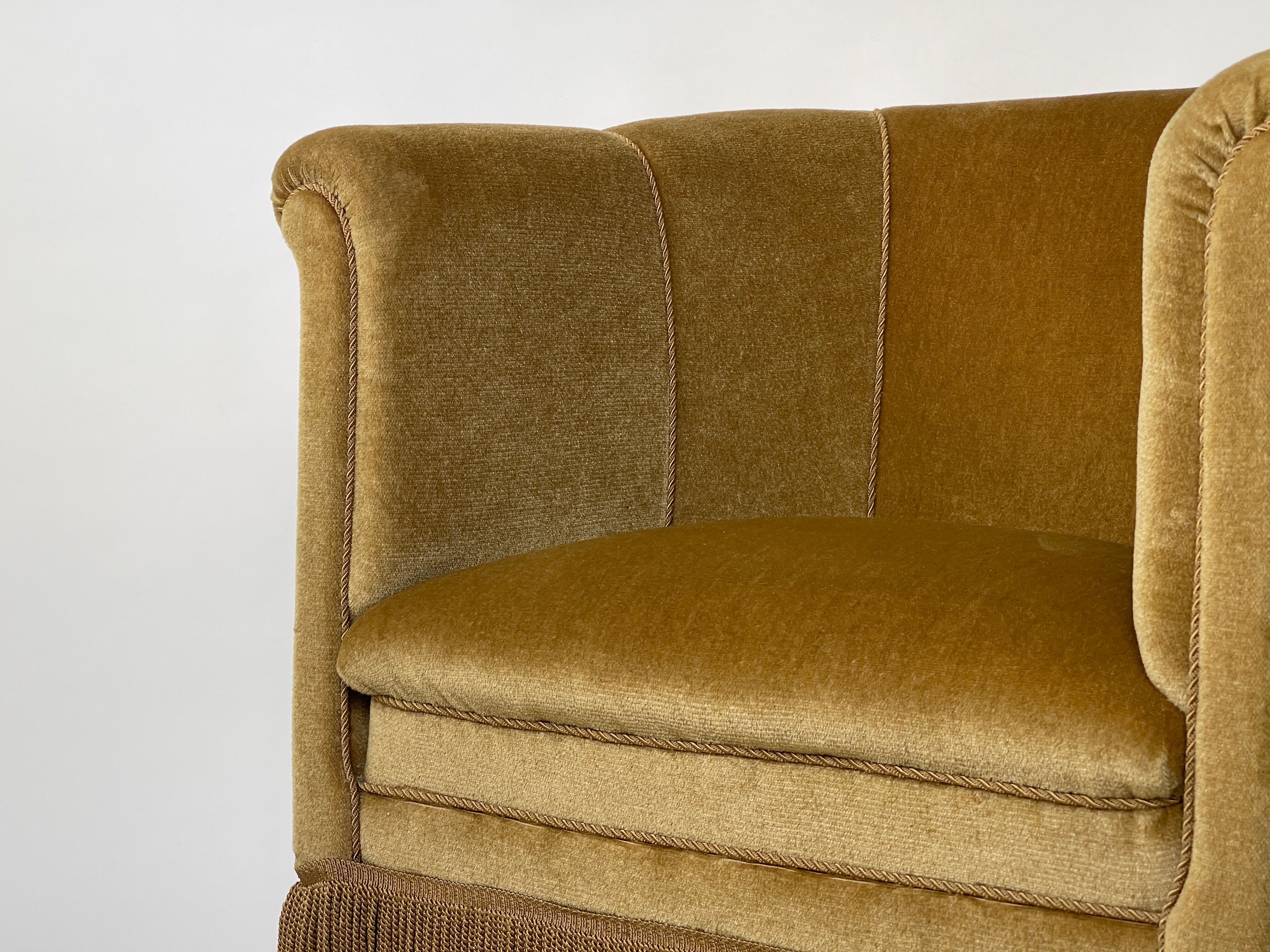 Mid century gold fringed velvet tub armchair