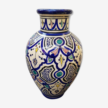 Ancien vase terre cuite peinture émaillée style oriental vintage