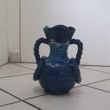 Blue Vallauris vase with twisted handles