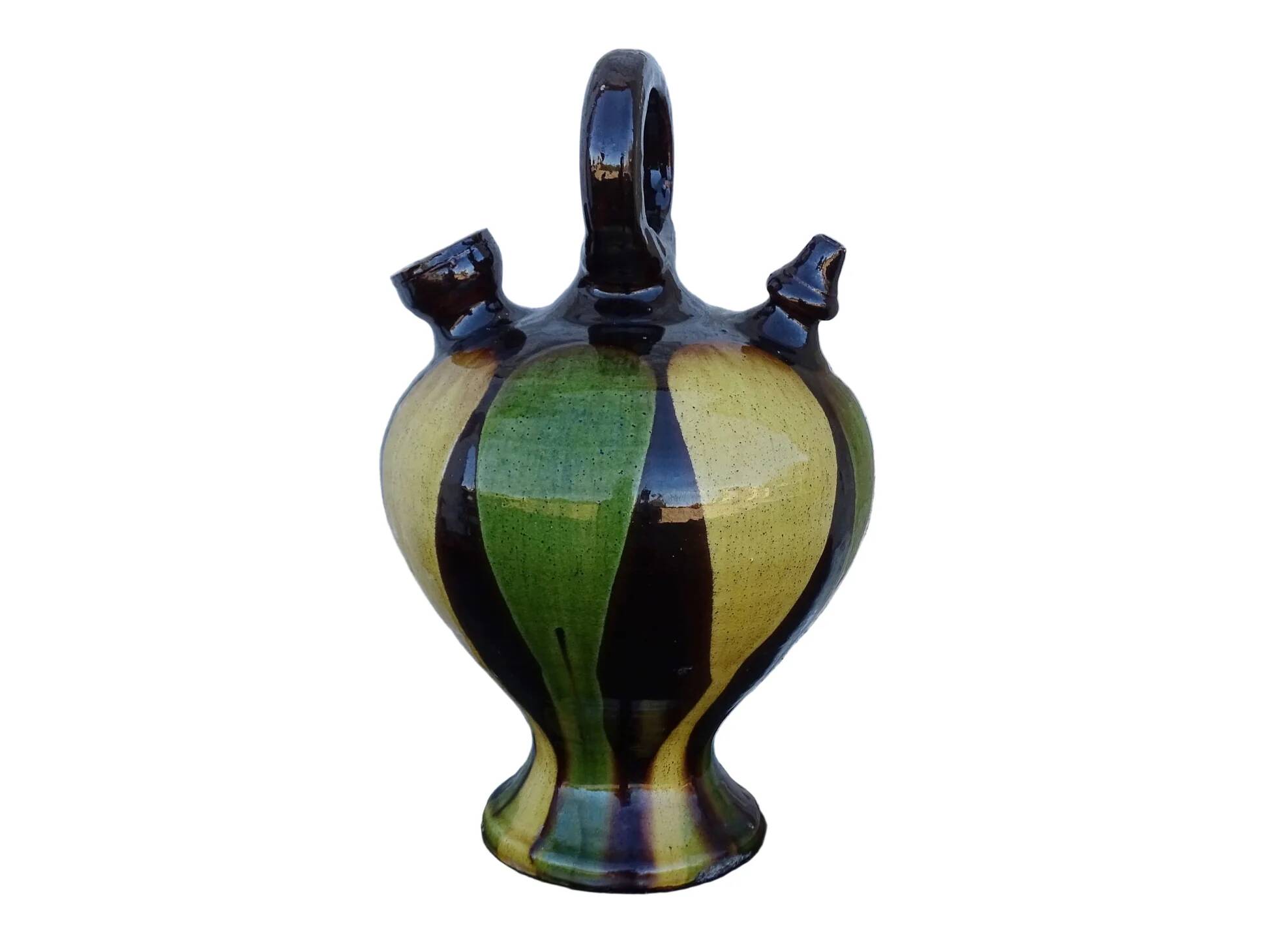 Pichet ou gargoulette ancienne française à glace verte et jaune