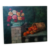 Oil painting on canvas, still life, oranges and flowers, 1930s.
