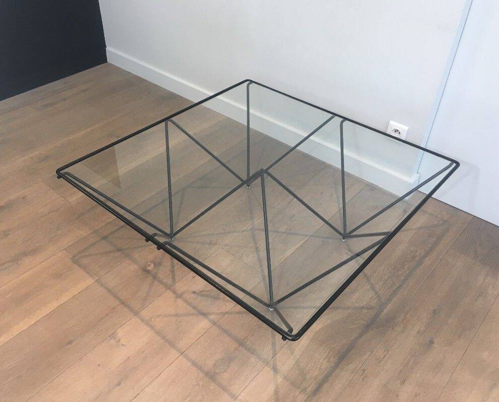 Black lacquered metal coffee table with a clear glass top. Attributed to Paolo Piva.