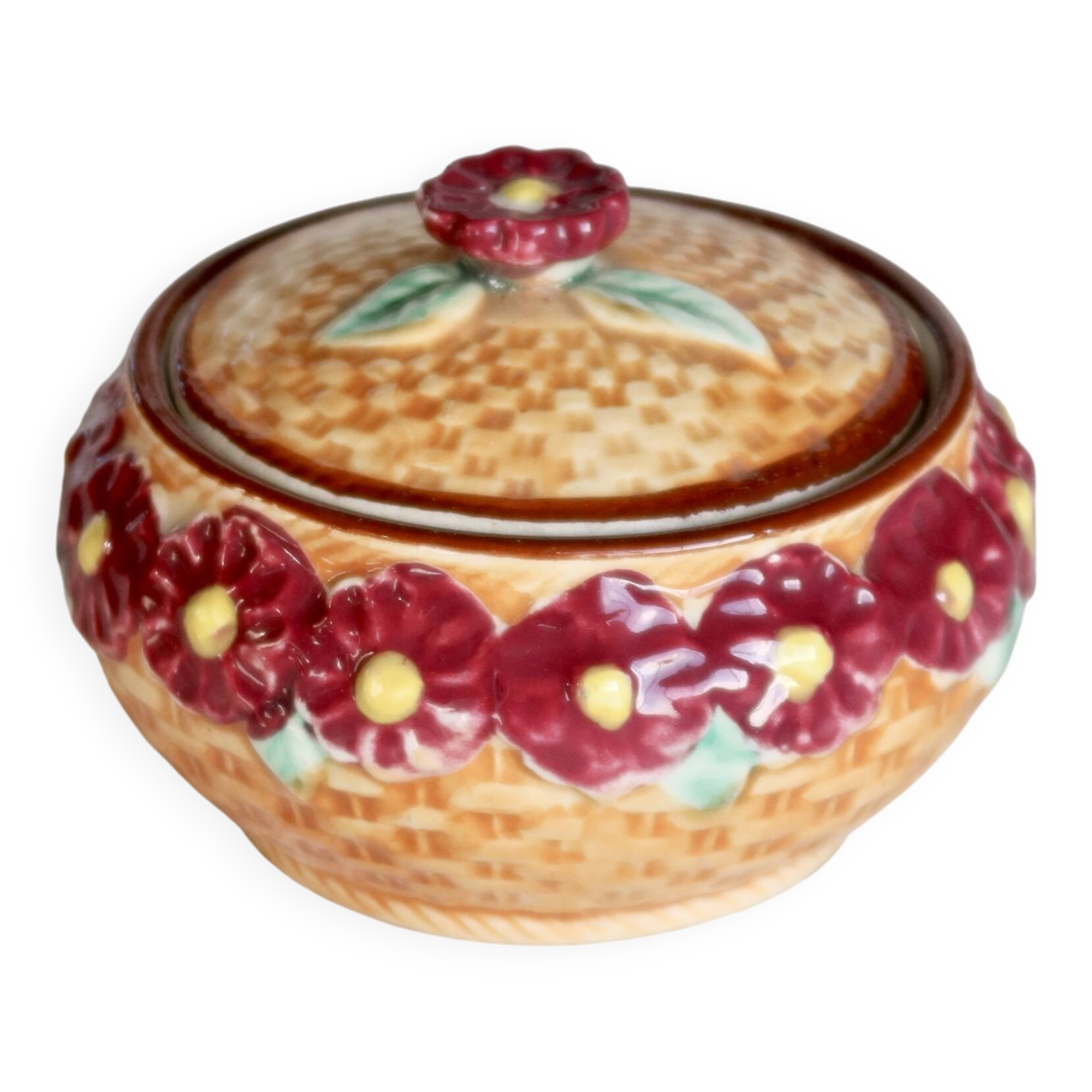 Vintage earthenware and slip candy box - Woven basket, burgundy flowers