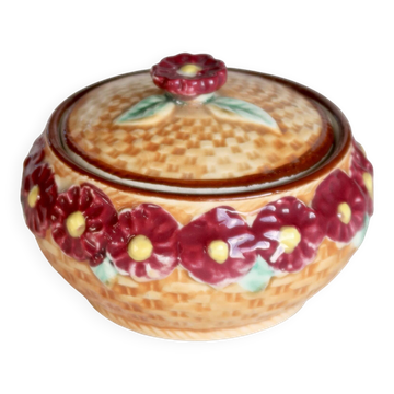 Vintage earthenware and slip candy box - Woven basket, burgundy flowers