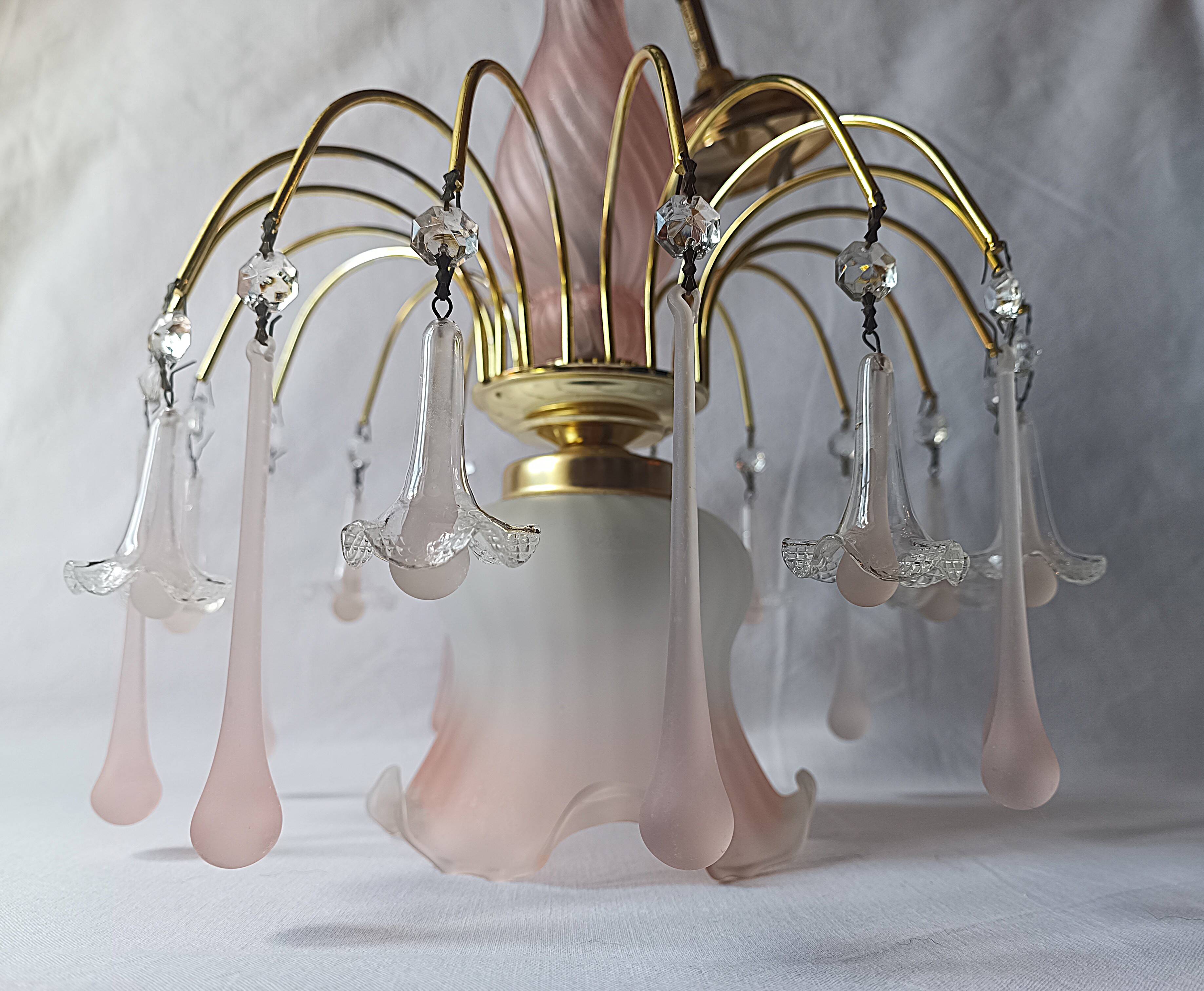 Vintage pink glass drop and flower chandelier pendant light.