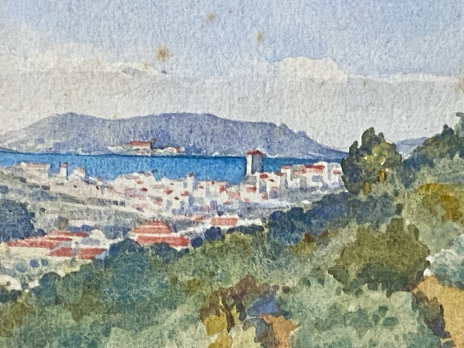 Watercolour landscape of Provence "the fort on the town", early 20th century.