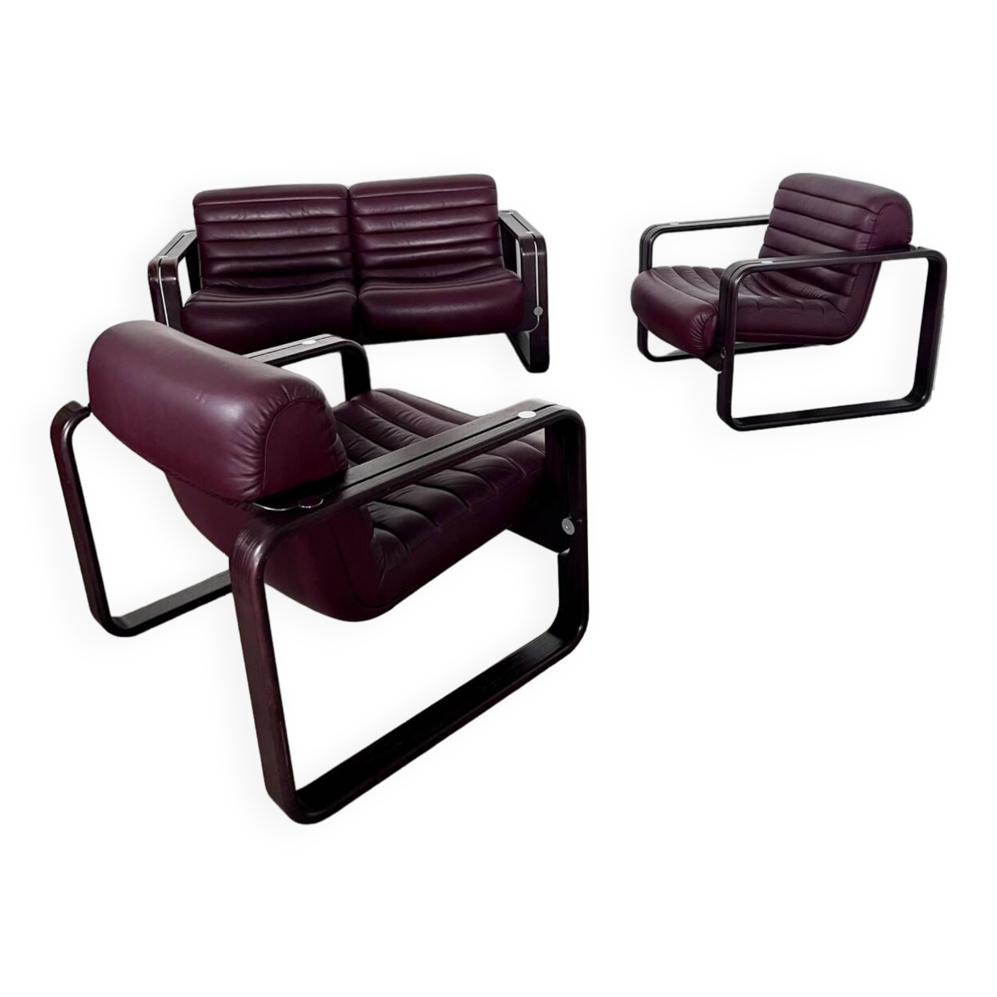 Sofa set and 2 vintage leather armchairs designed by Albert Stoll Giroflex 1970s