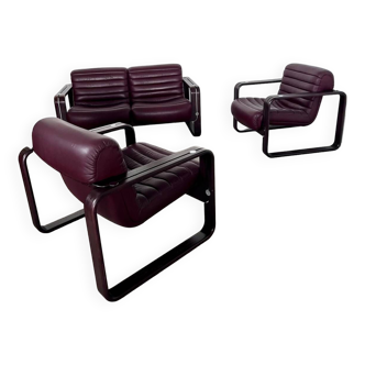 Ensemble Canapé et 2 fauteuils vintage en cuir design Albert Stoll Giroflex années 70