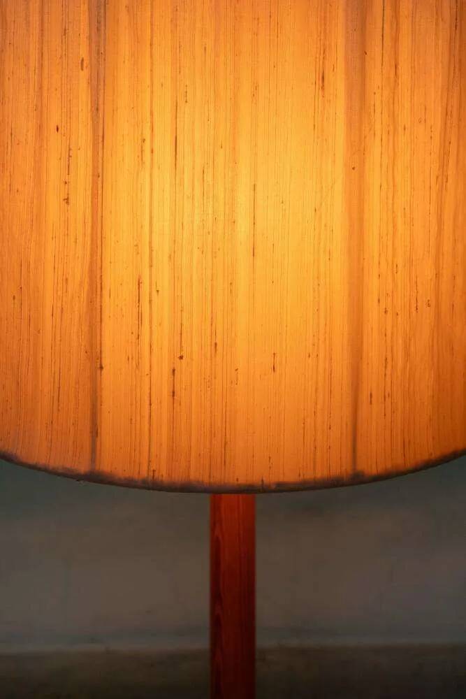 Vintage Swedish wooden floor lamp with pleated shade from the 1960s.