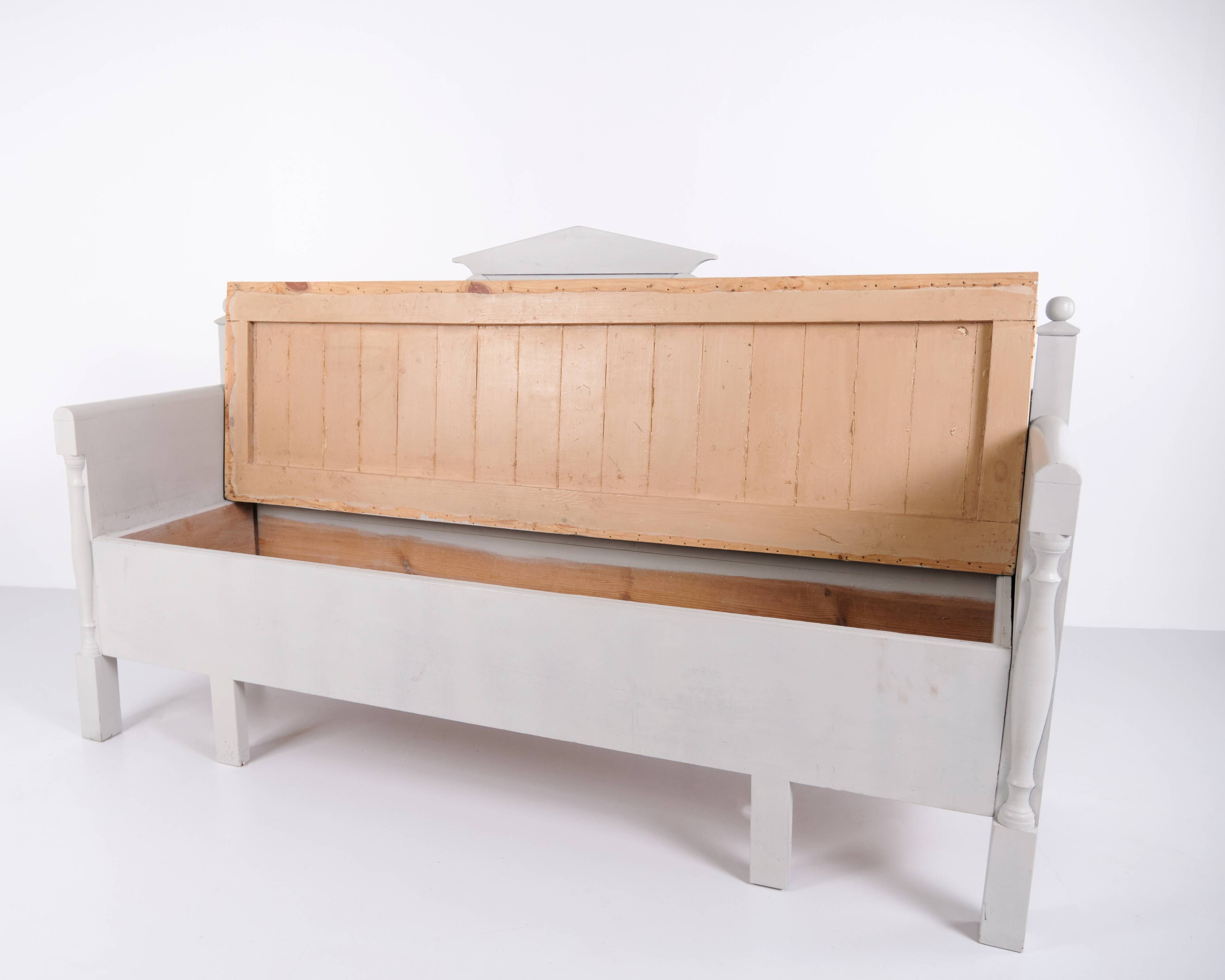 Antique storage bench with carvings – grey painted – pine wood – 1860s