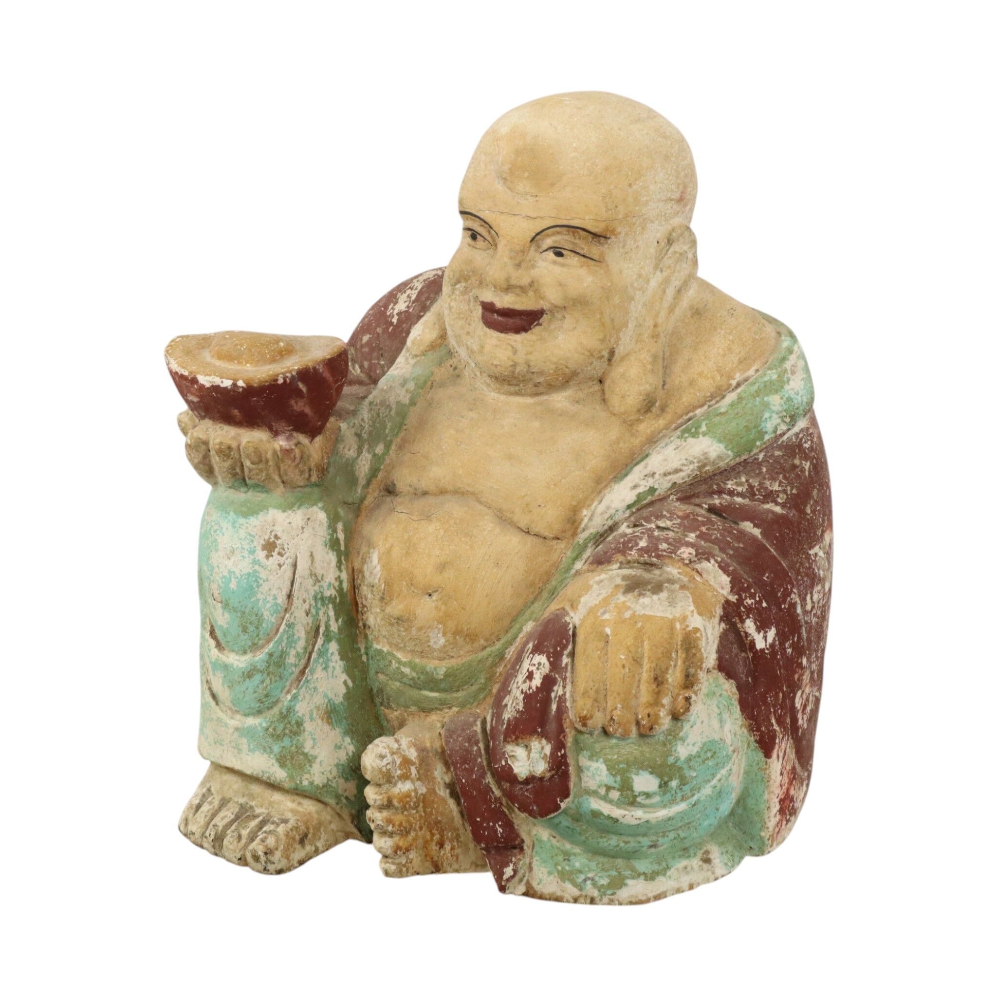 Large XL Polychrome Wooden Laughing Buddha Statue 47 cm
