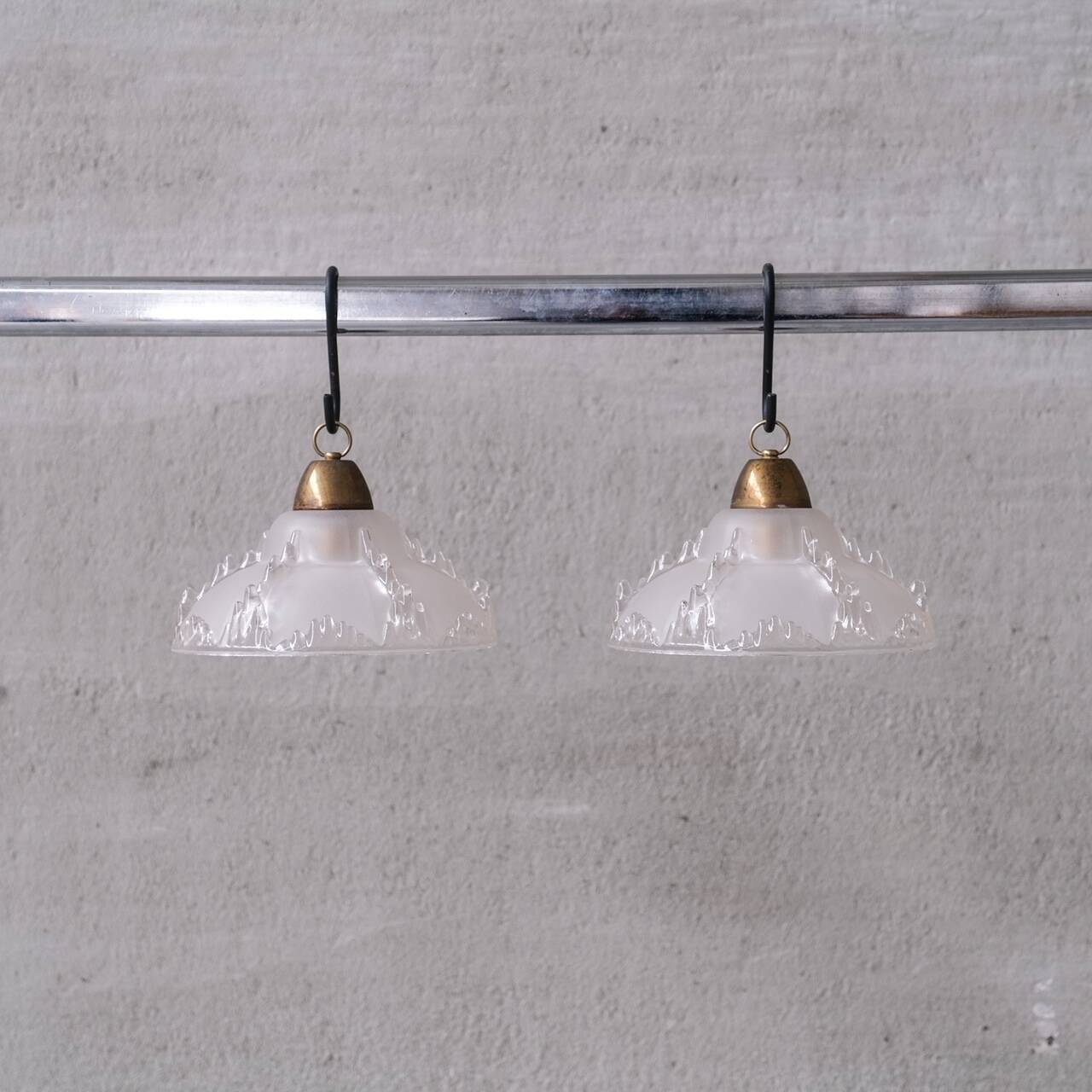 Pair of Mid-Century 'Ice' Glass Pendant Lights