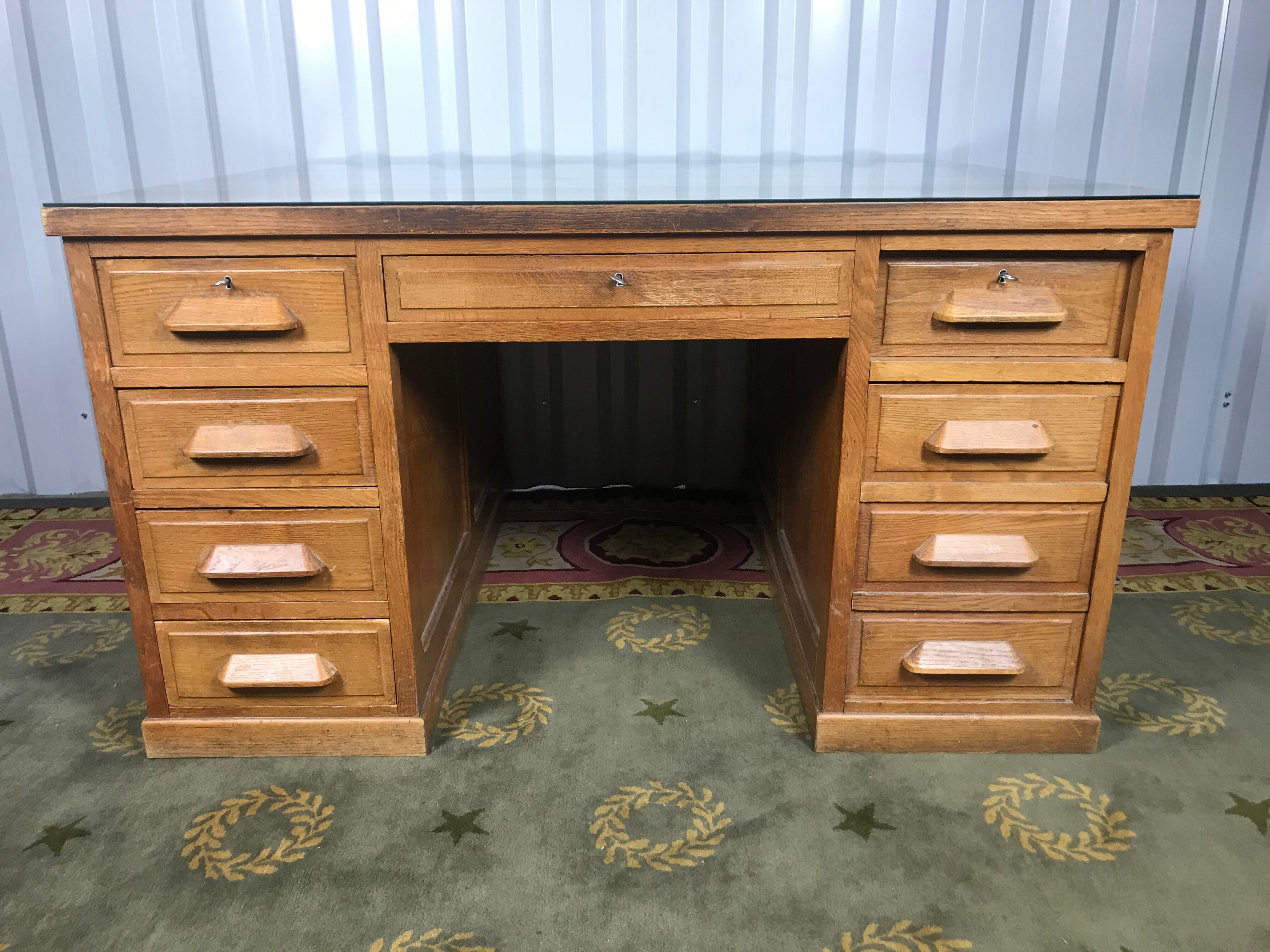 1950 solid oak double-coffered desk