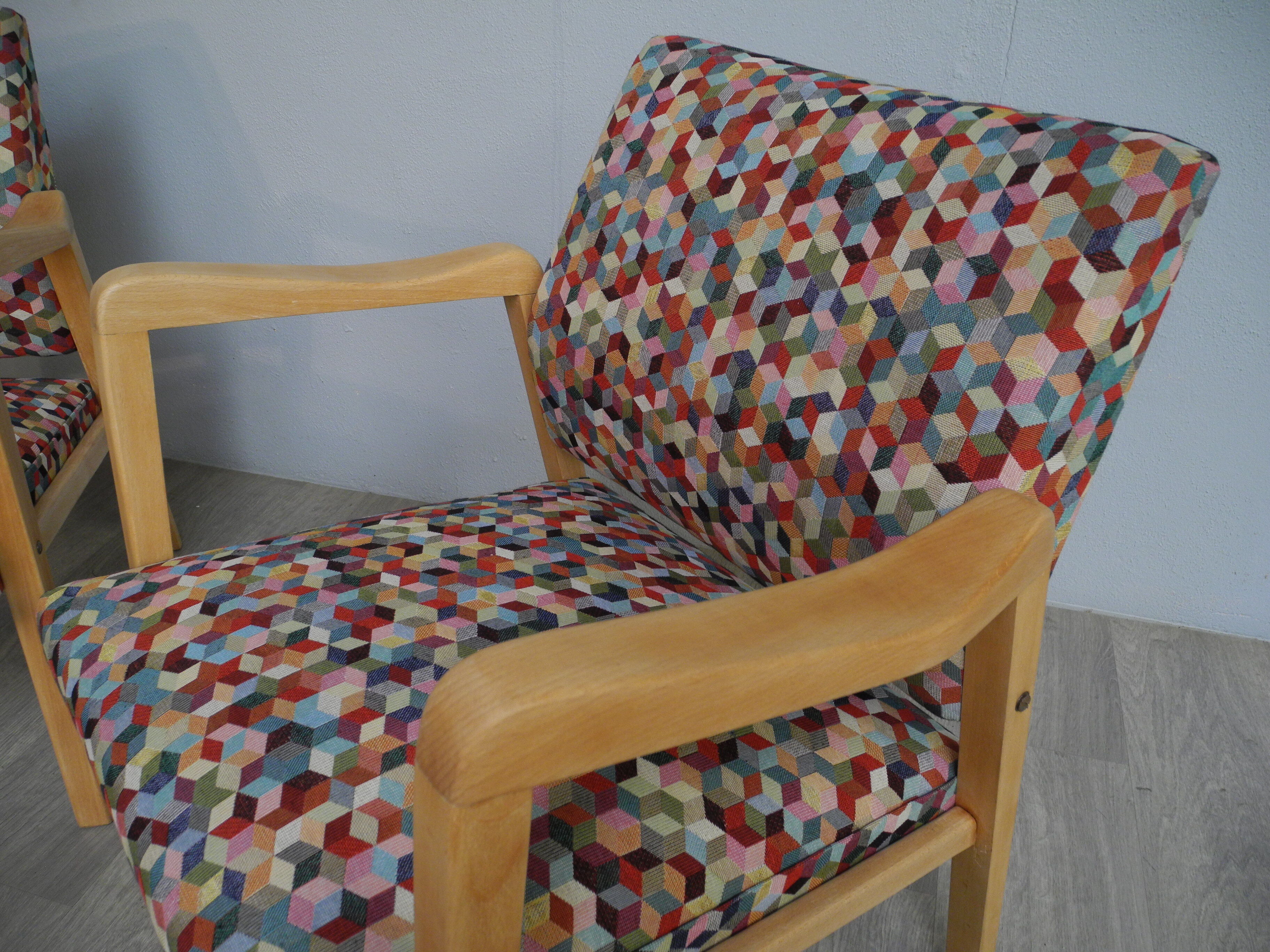 Vintage wood armchairs and fabrics 70s