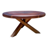 Table basse en bois vintage piétement entrecroisé, France 1970