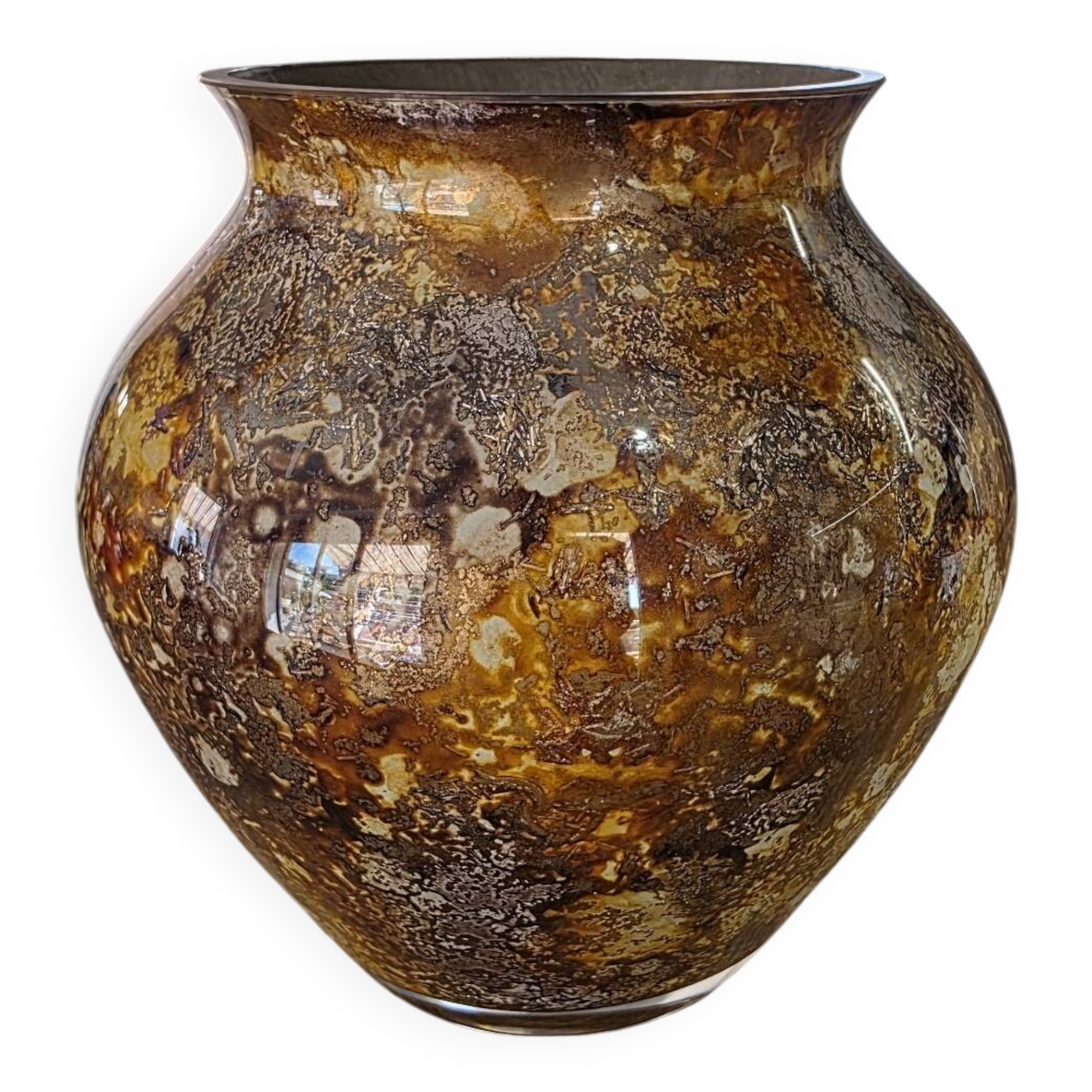Vintage round vase Laque Line by Jean-Noël Bouillet Marbled golden tones