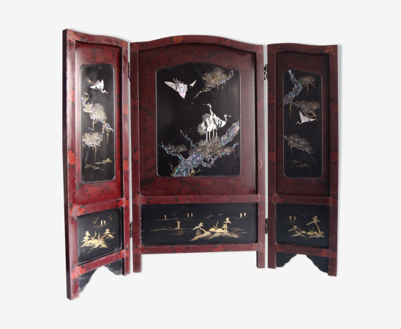 Ancien paravent Japon laque decor de grues marqueterie de nacre XIXe